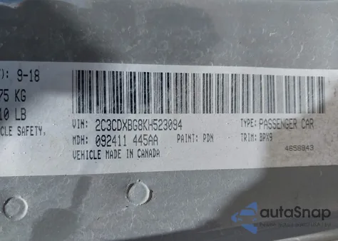 2019 Dodge Charger Sxt Rwd из США, поврежденный, VIN 2C3CDXBG8KH523094